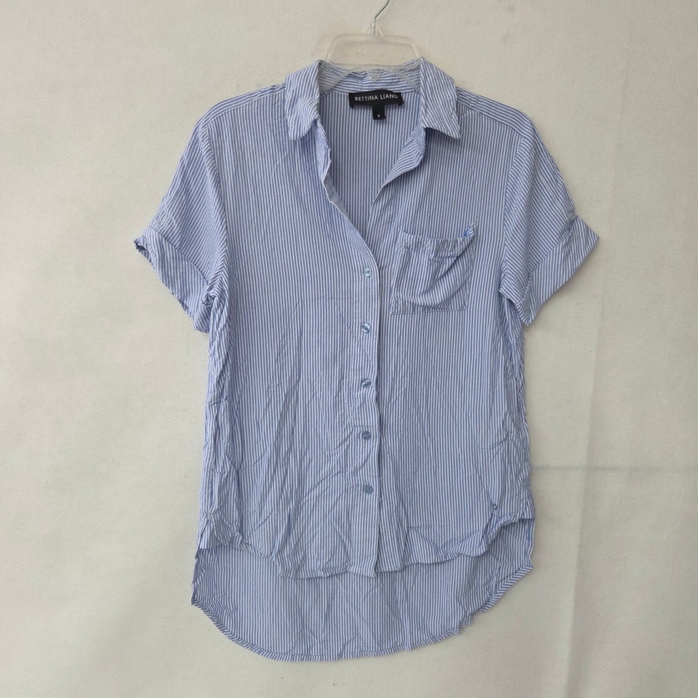 Bettina Liano Striped Button Down Shirt Blue‎ White Short Sleeve Women 8 Rayon